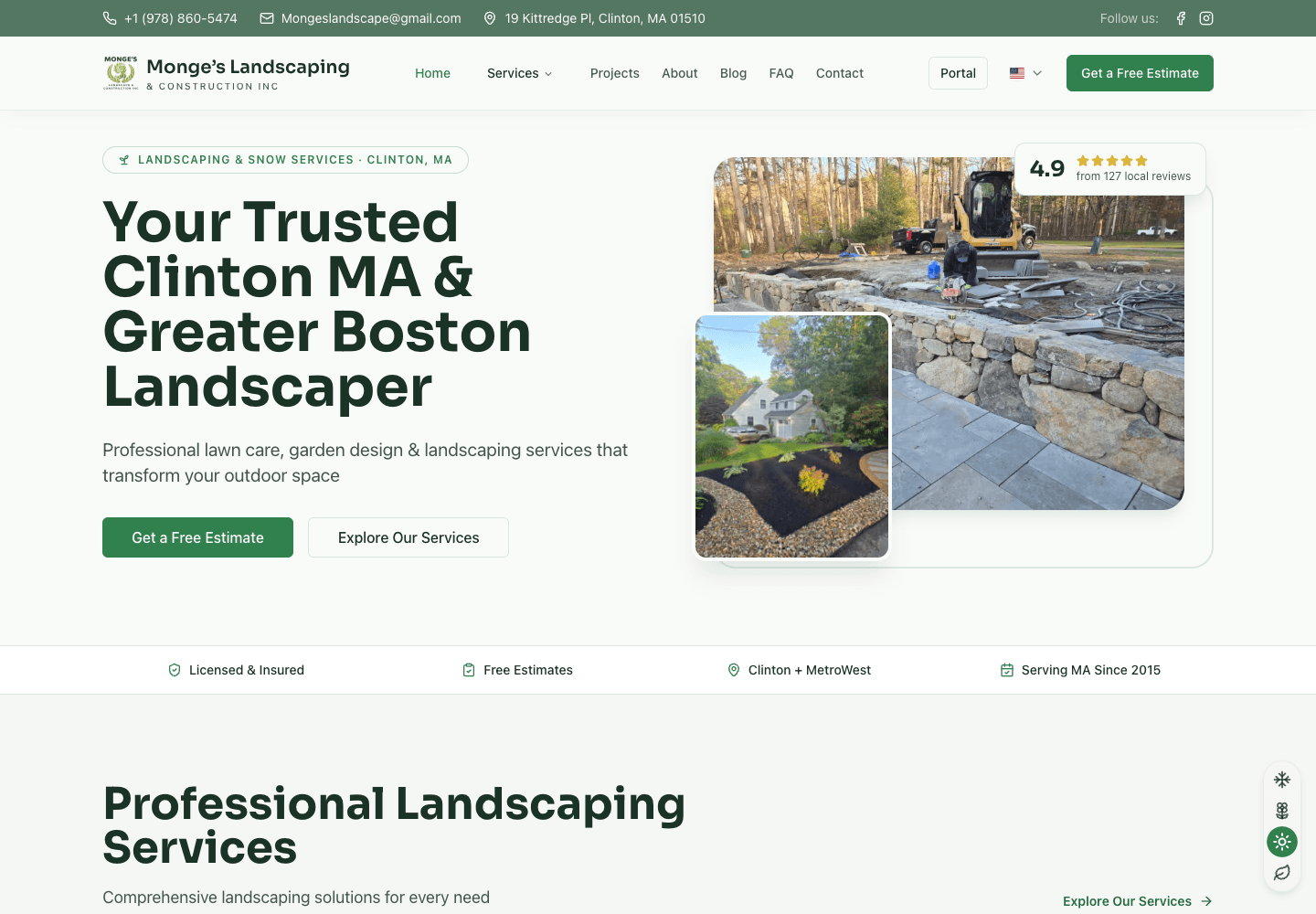 Página principal del sitio web de Monge's Landscaping
