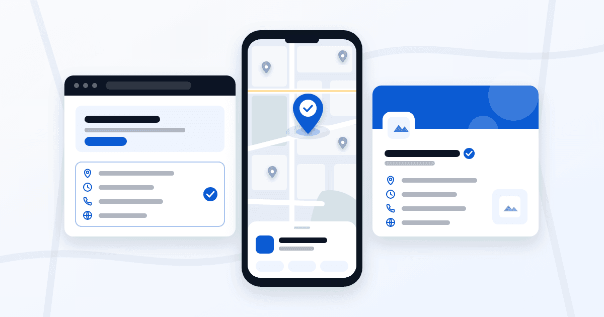 Ilustración de un teléfono con un mapa de calles y un pin azul grande con una marca de verificación entre pines grises más pequeños, entre la ventana de un sitio web y la ficha de un negocio local, cada una con datos de ubicación, horario, teléfono y web.