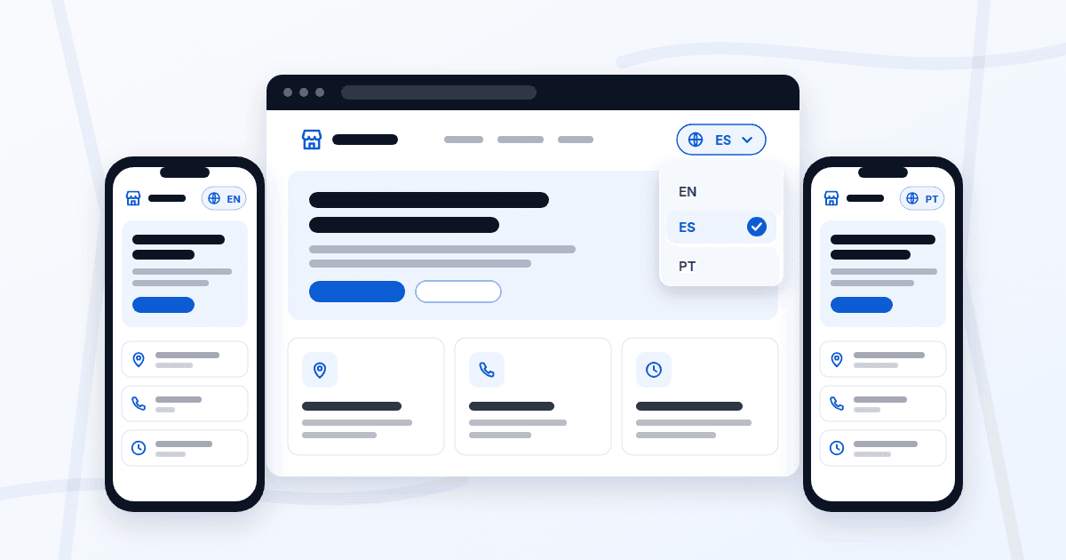 El sitio web de un negocio local en un navegador, con el español marcado en un menú que ofrece inglés, español y portugués, entre dos teléfonos con el mismo sitio en inglés y en portugués.